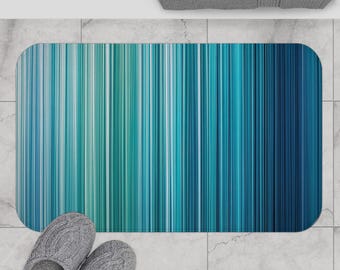 Teal Gradient Stripe Bath Mat - Modern Minimalist Bathroom Rug, Blue Ombre Line Design