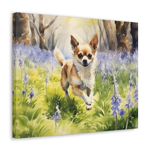 Chihuahua Watercolor Printed Canvas - Frameless Wall Art gift for Chihuahua owner, Chihuahua enjoying woodland bluebells in March
