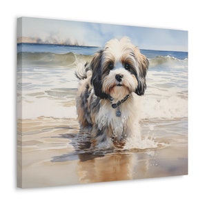 Shih Tzu Wall Art - Watercolor Printed on unframed Canvas - gift for Shih Tzu owner - Shih Tzu on an empty Beach