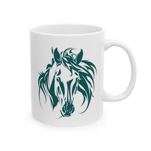 Horse Face Ceramic Mug, (11oz, 15oz) - White Mug for horse lover, horse coffee mug (turquoise graphic)