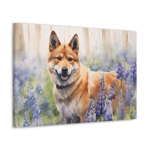 Shiba Inu Watercolor Printed on Canvas - Frameless Wall Art gift for Shiba Inu owner - Shiba Inu in a wood filled with delicate bluebells