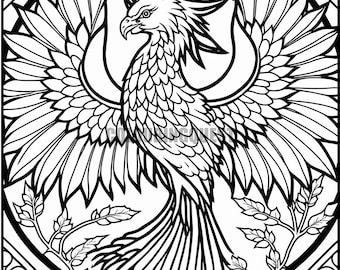 フェニックスのステンドグラスの窓 - ColouringQuest の印刷可能な大人向けぬり絵ページ (大人向けぬり絵ページ、子供向けぬり絵)