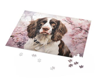 English Springer Spaniel Jigsaw Puzzle (120, 252, 500-Piece) - English Springer Spaniel among soft pink cherry blossoms - Printed in USA