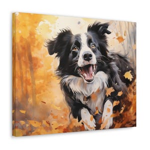 Border Collie Aquarell gedruckte Leinwand - Rahmenloses Wandkunst Geschenk für Border Collie Besitzer - Border Collie springt durch herbstliche Blätter