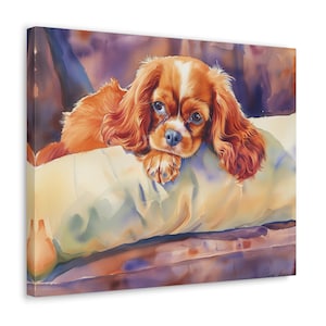 Ruby Cavalier King Charles Spaniel Wall Art - Watercolor Printed on unframed Canvas - Ruby Cavalier relaxing on a sofa - Ruby CKCS painting