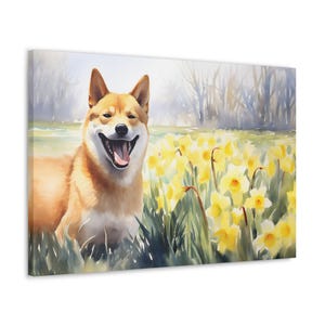 Shiba Inu Watercolor Printed on Canvas - Frameless Wall Art gift for Shiba Inu owner - Shiba Inu amidst a vibrant field of yellow daffodils