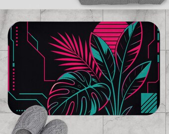 Cyberpunk Botanical Bath Mat - Bold Neon Minimalist Plant Design