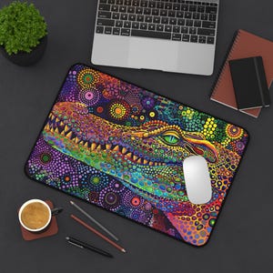 Colorful Dot Art Crocodile Desk Mat - a crocodile rendered in intricate kaleidoscopic dot art, a unusual colorful gift for crocodile lovers