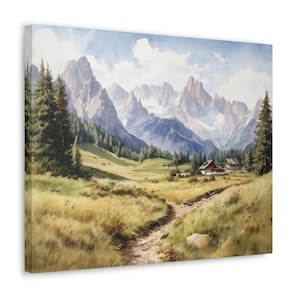 Dolomites Watercolor Printed on Canvas - Frameless Wall Art gift for nature lover showing Italian Dolomites towering over a valley pasture