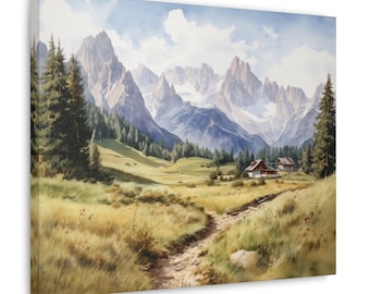 May include: A watercolour painting of a mountain landscape with a dirt path leading to a small village in the valley. The mountains are snow-capped and the sky is blue with white clouds.