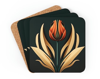 Art Deco Tulip Coaster Set - 4 Square Cork-Backed Coasters, printed in USA - housewarming gift