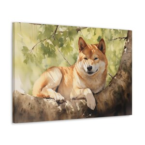 Shiba Watercolor Printed on Canvas - Frameless Wall Art gift for Shiba owner - Shiba Inu laying in the shade of a tree on a Summer&#39;s day