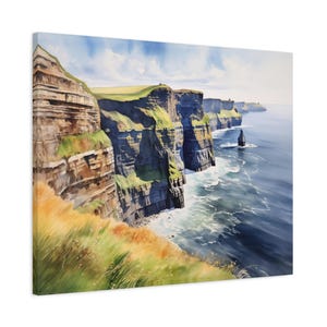 Klify Moheru, akwarela na płótnie – bezramowa sztuka ścienna, prezent dla miłośników natury, Klify Moheru, Irlandia