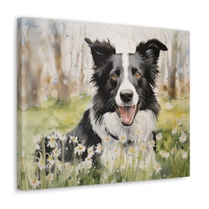 Border Collie Wasserfarben Druck auf Leinwand - Rahmenloses Geschenk für Border Collie Besitzer - Border Collie in einem park mit Gänseblümchen