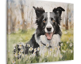 May include: A black and white border collie dog with a happy expression sits in a field of white daisies. The dog is looking directly at the viewer. The background is a blurred watercolour painting of a forest.