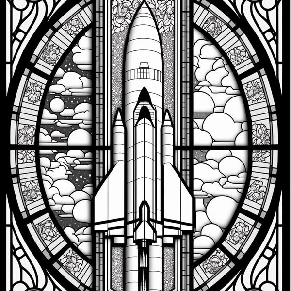 Space Shuttle - Stained Glass Window - Printable Adult Coloring Page from ColouringQuest (Coloring book pages for adults and kids)