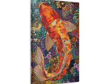 Koi Wall Art on Printed Canvas - Frameless Wall Art gift for nature lovers - Koi Dot Art in Vibrant Colors
