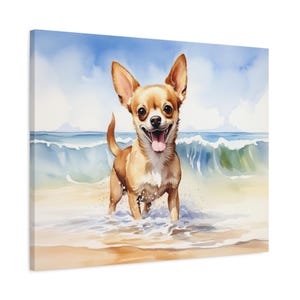 Chihuahua Watercolor Printed Canvas - Frameless Wall Art gift for Chihuahua owner, happy chihuahua standing in the surf at the beach