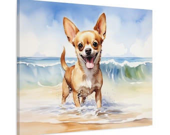 Lienzo impreso en acuarela de Chihuahua: regalo de arte de pared sin marco para el dueño de un chihuahua, un chihuahua feliz de pie en las olas de la playa.