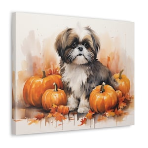 Shih Tzu Wall Art - Watercolor Printed on unframed Canvas - gift for Shih Tzu owner - Shih Tzu amidst pumpkins