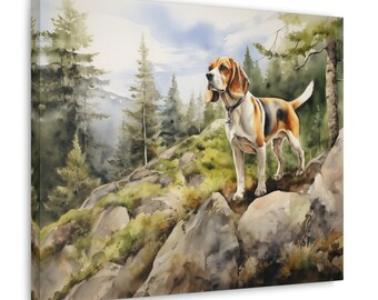 Beagle Wall Art - aquarel gedrukt op ingelijst canvas - cadeau voor beagle-eigenaar - Beagle in de Cairngorms in Schotland - beagle schilderij