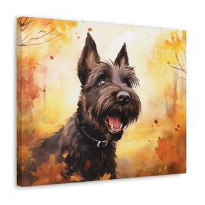 Muurkunst Schotse terriër - aquarel gedrukt op frameloos canvas - cadeau eigenaar Schotse terriër - Schotse terriër speelt in herfstbladeren