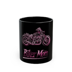 Biker Mom schwarzer Keramikbecher, Geschenk für Biker-Mama, Motorradbecher für Mütter mit einer Kapazität von 11 Unzen und 15 Unzen (rosa Grafik)