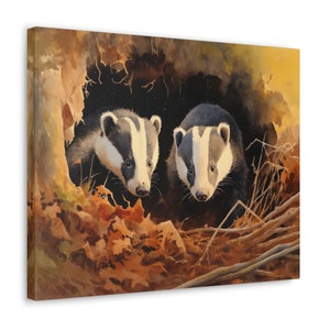 Badgers Watercolor Printed Canvas - unframed Wall Art gift for Nature Lovers, badgers emerging from their den at dusk