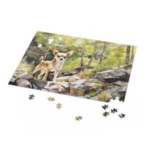 Chihuahua Jigsaw Puzzle (120, 252, 500-Piece) - Chihuahua standing on a rocky forest path in the Scottish Cairngorms - Printed in USA