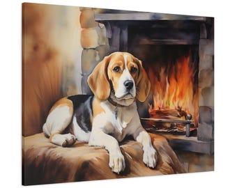 Beagle Wall Art - Watercolor Printed on unframed Canvas (choice of 7 sizes) - gift for Beagle owner - Beagle beside a cozy fireplace
