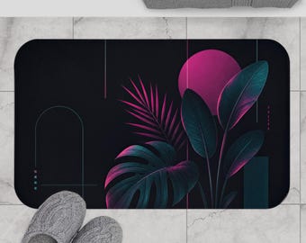 Cyberpunk Botanical Bath Mat - Neon Tropical Minimalist Bathroom Rug, Dark Aesthetic Plant Design