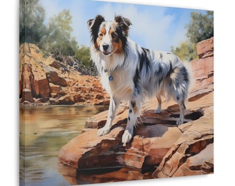 Australian Shepherd Watercolor Canvas Print - Australian Shepherd by a rock pool