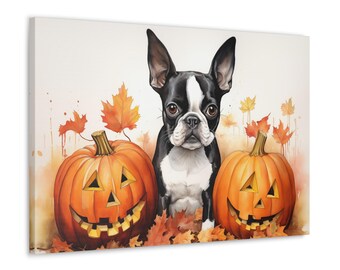 Boston Terrier Dog Watercolor Canvas Print - Wall Art gift for Boston Terrier owner - Boston Terrier sitting between two Jack-o'-lanterns