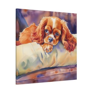 Ruby Cavalier King Charles Spaniel Wall Art - Watercolor Printed on unframed Canvas - Ruby Cavalier relaxing on a sofa - Ruby CKCS painting