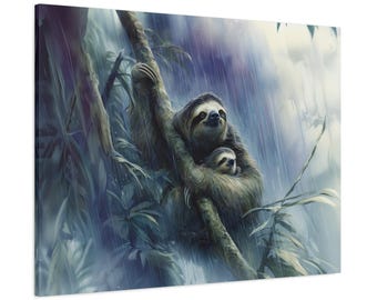 Sloth and Baby Printed Canvas - Watercolor Wall Art -Tropical Rainforest Decor Gift for Sloth Lovers and Nature Enthusiasts