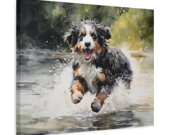 Bernedoodle Splashing in Stream Canvas Print - Playful Dog Wall Art for Lovers