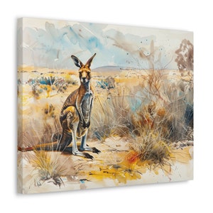 Australian Outback Watercolor Printed on Canvas - Frameless Wall Art gift for wildlife lover - Kangaroo in the Australian Outback