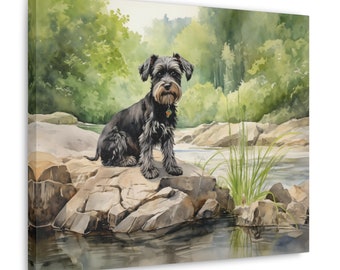 Miniature Schnauzer Wall Art - Watercolor Printed on unframed Canvas - gift for Miniature Schnauzer owner - Schnauzer beside a stream