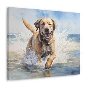 Labrador Watercolor Printed on Canvas - Frameless Wall Art gift for Labrador owner, Labrador splashing in the surf at the beach