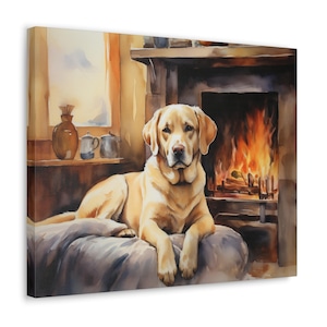Labrador Watercolor Printed on Canvas - Frameless Wall Art gift for Labrador owner, Labrador relaxing by cozy fireplace