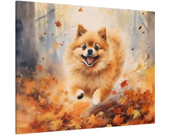 Pomeranian Printed Canvas - Watercolor-style artwork of a dog dashing through a flurry of autumn leaves