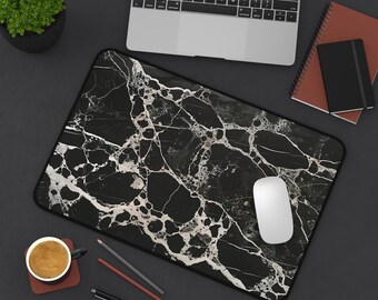 Nero Marquina Marble Desk Mat - large computer desk mat with black marble design showcasing striking white veining for a luxurious aesthetic