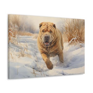 Chinese Shar-Pei Watercolor Canvas Print - Wall Art gift for Chinese Shar-Pei owner - Chinese Shar-Pei bounding though snow covered fields