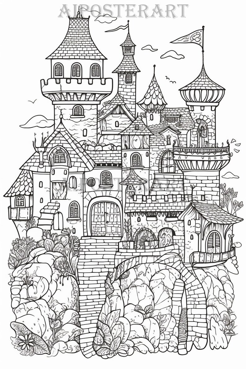 Magic Fortress Coloring Sheet for Adults - Printable Coloring Page for ...