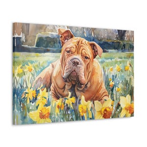 Chinese Shar-Pei Watercolor Canvas Print - Wall Art gift for Chinese Shar-Pei owner - Chinese Shar-Pei resting among daffodils