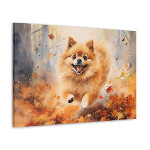 Pommern Aquarell Leinwanddruck - Kunst für Pommernbesitzer - Pommern, die durch Herbstlaub sausen