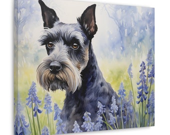 Miniature Schnauzer Wall Art - Watercolor Printed on unframed Canvas - gift for Miniature Schnauzer owner - Schnauzer in a sea of bluebells