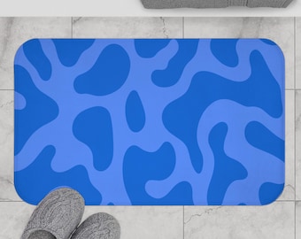 Blue Abstract Bath Mat - Modern Organic Pattern Bathroom Rug, Minimal Aesthetic Bath Decor