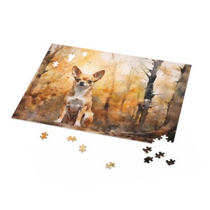 Chihuahua Jigsaw Puzzle (120, 252, 500-Piece) - Chihuahua sitting attentively amidst a glowing autumn forest - Printed in USA