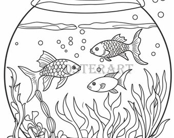 Fish Bowl Coloring Page for Adults and Kids- Printable Coloring Sheet - Aquarium - Tropical Fish - High Resolution, 5376x8064 pixels